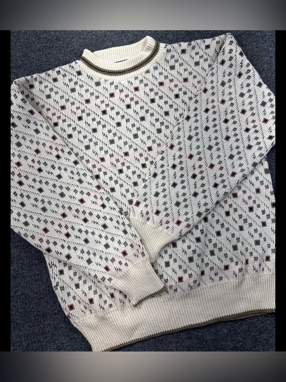 Vtg John Weitz Sweater Mens XL 90s Blue Green Red Geometric 100% Cotton
